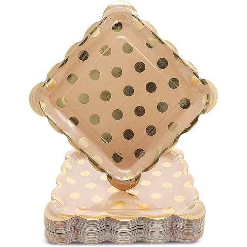 Juvale Scalloped Square Paper Plates Elegant Lunch Plates - 9-Inch, Gold Foil Polka Dot, Pack of 48 -Disposable Party for Appetizers & Desserts