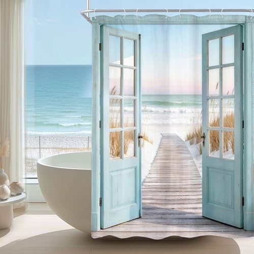 Image of Riyidecor Blue Beach Barn Door Shower Curtain 48Wx72H Inch Narrow Summer Retro Teal Wood Hawaii Sea Path Rustic Ocean Coastal Seaside Country Bathroom Decor Fabric Polyester Waterproof 8 Pack Hooks