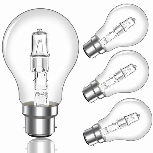 Caldarax 42W B22 BC Bayonet Light Bulbs, Globe A55 B22d Bayonet Cap Light Bulb Dimmable 650LM Warm White 2700K, B22 Classic Clear GLS Light Bulbs for Chandelier, AC220-240V, Pack of 4
