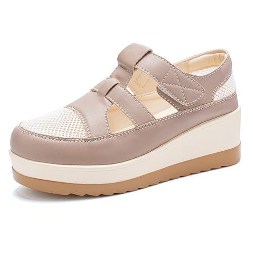 Women's Leather Sandals, Adjustable Ankle Strap Soft Sole Damping Increase Height Wedge Casual Sandals