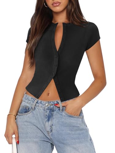 Pungdra Women's Button Down Shirt Cap Sleeve Tops for Women Button Up Ribbed Knit Slim Fit Casual Y2K Crop Going Out Top Black Medium