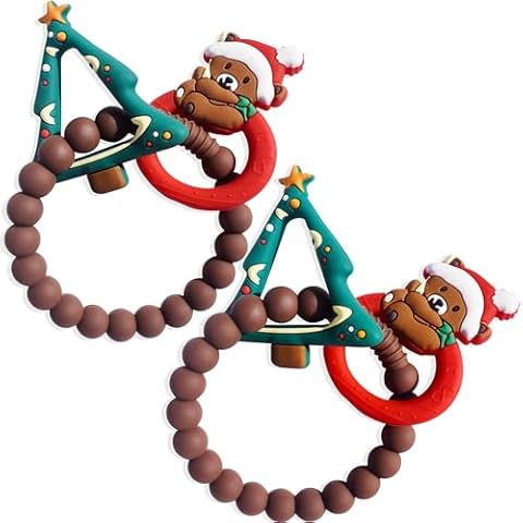 2pcs Christmas Baby Silicone Teether Christmas Tree and Bear Teething Ring Christmas Teething Toys Toddler Teething Chew Toys Christmas Gifts or Chritmas Stocking Filler Cover
