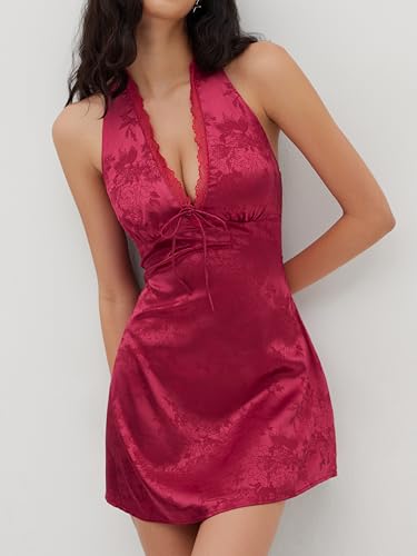 CIDER Party Dresses Floral Lace Trim Bowknot Halter Neck Mini Dress High Waist Satin Dress Sleeveless2