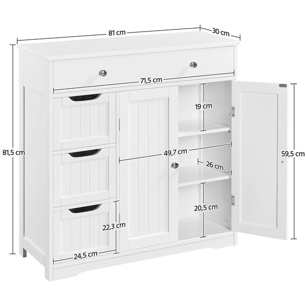 Yaheetech Armadietto da Bagno in MDF con Cassetti e Ripiani Regolabili 81 cm × 30 cm × 81,5 cm Mobiletto Indipendente da Terra Mobile Portaoggetti per Soggiorno/Sala da Pranzo Bianco