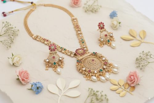 Image of Mansiyaorange South Indian Temple Style Long Pearl Rani Haar with Floral Necklace & Earrings | Traditional Gold Plated Kempu Kundan Stone Jewelry Set for Women