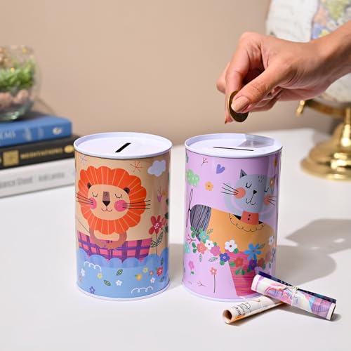 Image of Market99 Money Bank Set of 2 | Round Multi-Color Tin Coin Banks with Glossy Finish & Cute Cat & Lion Print | Fun Piggy Banks for Kids & Adults | Ideal for Saving Coins at Home, Desk & Gifting Use