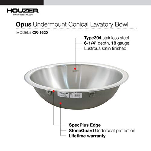Houzer Cr-1620-1 Opus Series Conical Undermount Stainless Steel Lavatory Sink #TOP2