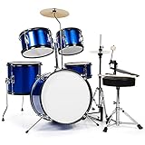 GYMAX Junior Drum Set, 5 Piece Kids Drum Kit with Stool, Sticks and Drum Pedal, Beginner Rock Drum Set for Children (Blue)