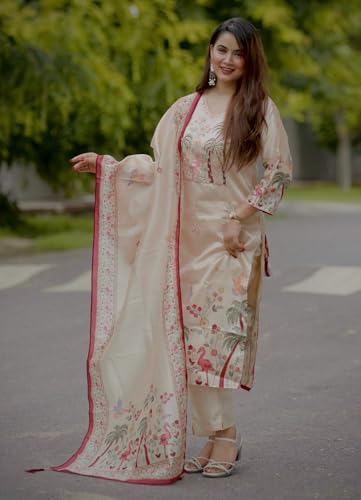 Image of VredeVogel Women's Beads Embroidered Silk Blend Kurta Pant Set with Organza Dupatta | Perfect for Festive & Casual Ethnic Kurta Set for Women