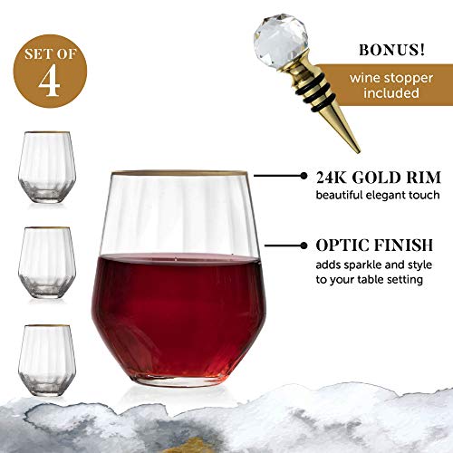 Hand Blown Stemless 15.5 Oz. Wine Glass - 24K Gold-Rim - Set Of 4 Classic Red & White Wine Glasses + Bottle Stopper, Lead-Free Crystal Cocktail Goblet -Tumbler For Entertaining & Gifting, Lumi & Numi #TOP2