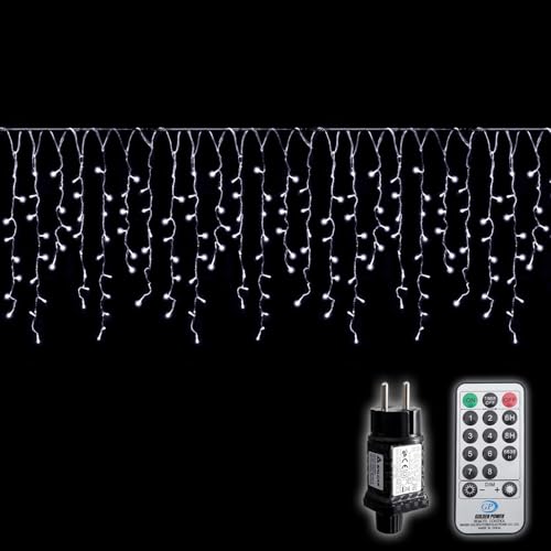 SALCAR Cortina de Luces LED Lluvia de Hielo Exterior 10m con Mando a Distancia, 400 LEDs Decoración Interior Navidad 8 Modos, Impermeable Iluminación Navideña para Balcón Pabellón, Blanco Frío