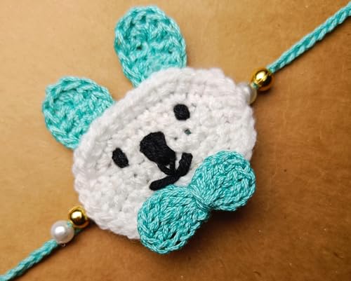 Image of Designer Bunny Bear Crochet Rakhi Made With Soft Cotton Thread | Bunny Bear Rakhi For Kids