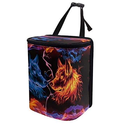 Image of DISNIMO Blue Flame Wolf Car Trash Can, Car Trash Bag Hanging Large Capacity Car Organizer and Storage with Adjustable Straps, Leakproof Trash Bin Interior Car Stuff Storage