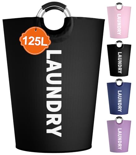 IHOMAGIC 125L Grande Cesto Portabiancheria Sporca Salvaspazio, Cesta Portabiancheria con Manico, Freestanding Cestino Panni Sporchi Pieghevole, Portabiancheria Portatile per Cucina, Campeggio, Nero