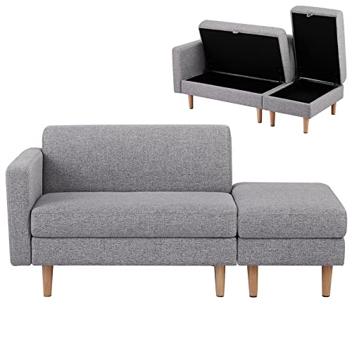 ソファ 2人掛け 収納付き カウチソファー オットマン付き ファブリック 肘掛け 木脚外し可能 ローソファ コンパクト ひとり暮らし(ライトグレー)