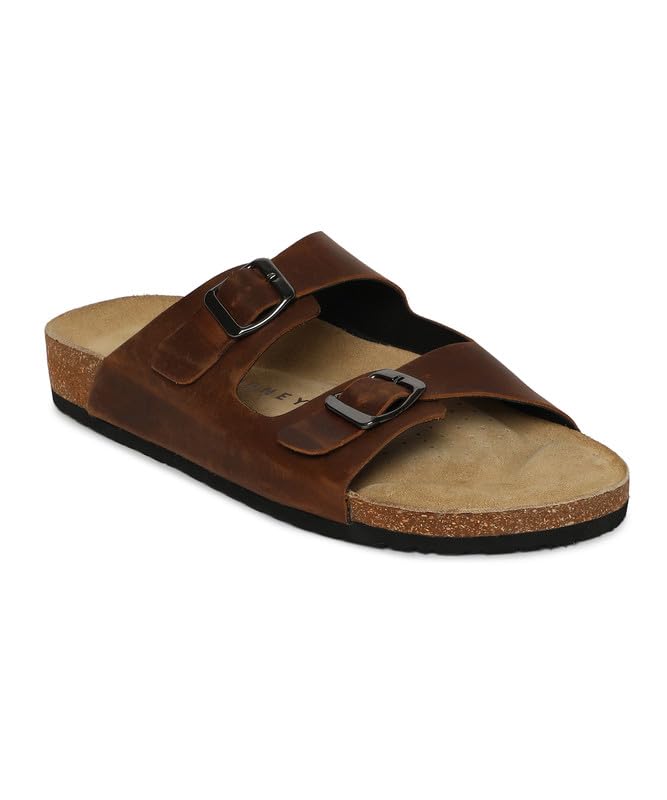 Image of HF JOURNEY Men's Vasco Double Strap Cork Footbed Sandals - Adjustable Buckle Slip-On Comfort Slides (Size 41-46)
