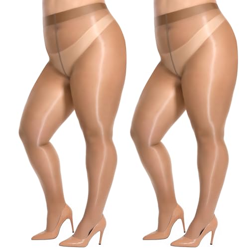 Aaronano 2 Pairs Plus Size Shiny Tights For Women， 40D Sheer Shimmer Pantyhose High Waist Oil Glossy Stockings