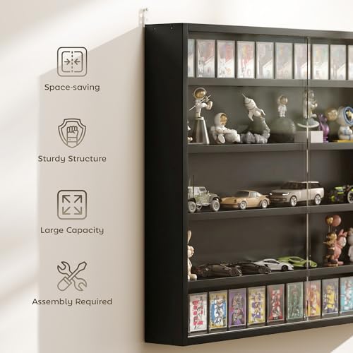 Image of HOMCOM 5-Tier Display Cabinet, Glass Door Cabinet with Adjustable Shelves, Wall-Mounted Display Case for Playroom, Bedroom, Jet Black