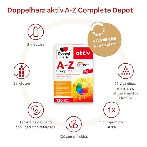 Doppelherz aktiv A-Z Complete Depot Multivitamínico, Complemento alimenticio a largo plazo, ricos en minerales y nutrientes, 23 vitaminas, minerales, oligoelementos + luteína, 120 comprimidos - imagen 2