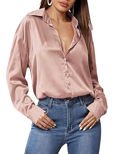 HOTOUCH Satin Blouses for Women Silk Button Down Shirts Long Sleeve Business Casual Tops Rosy Pink M