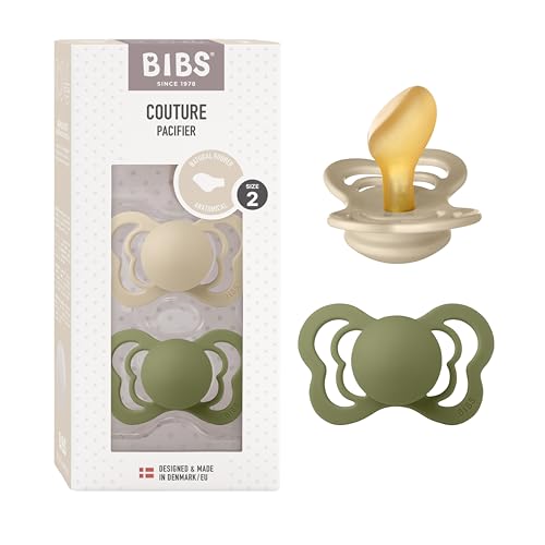 BIBS Couture Soother 2-Pack, BPA Free Dummy Pacifier, Anatomical Nipple. Natural Rubber Latex, Size 2 (6-18 Months), Vanilla/Olive