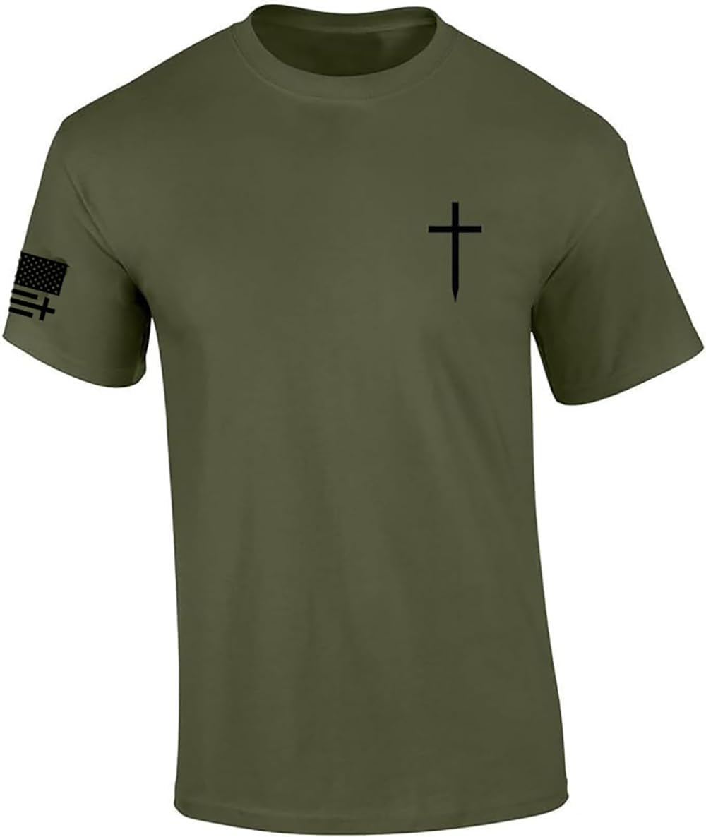 Mens Christian Shirt Faith Cross Crest American Flag Sleeve T-Shirt Graphic Tee