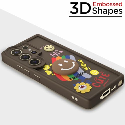 Image of Pikkme Back Cover for Samsung Galaxy S25 Ultra 5G | Soft Silicone| Cute Rainbow Smile & 3D Cartoon Flower Design | Shockproof Raised Camera Protection Bumper Case (Brown)