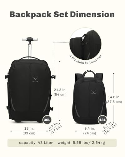 Image of Hynes Eagle 2 in 1 Travel Backpack Set Rolling Backpack with Wheels Carry on Luggage 43L with Personal Item Bag for Men Women 17 inches Laptop Backpack Jet Black