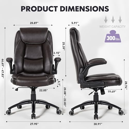 Image of 300lbs Capacity Executive Desk Chair Set of 2 with Ergonomic Lumbar Support, Flip-up Arms & High Back Leather Computer Chair for Home /Office, Brown