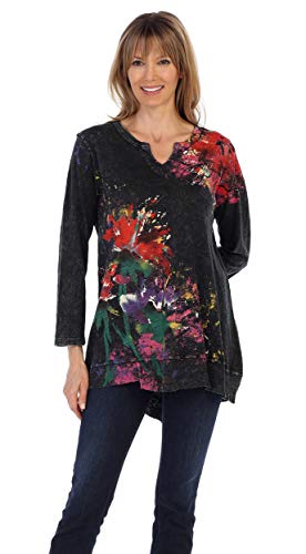 Jess & Jane Floral Poems, Mineral Washed, Cotton Sublimation, Split V-Neck Tunic Top