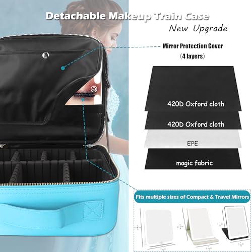 Image of MOMIRA Travel Makeup Bag Cosmetic Bag with Lighted Mirror, Adjustable Brightness in 3 Color Scenarios, Waterproof, 10x Magnifying Mirror, Rotatable Independent Light Mirror- Diamond Blue(Solid)