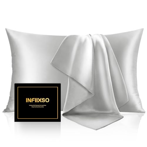Image of INFIIXSO Mulberry Silk Pillow Case King Size, Silk Pillowcase with Hidden Zipper 20 inchx36 inch, Extraordinary Smooth and Soft Pillow Cases for Hair and Skin(Light Grey, 1 Pack)