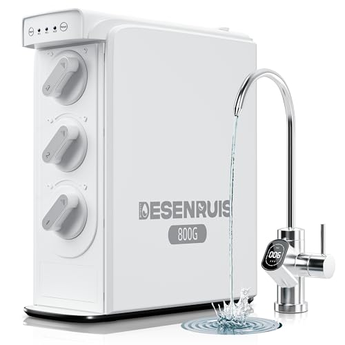 DESENRUIS Reverse Osmosis System, Dual RO Water Filter, 800 GPD Fast Flow, 3:1 Pure to Drain, Tankless Under Sink RO System, Reduce PFAS & TDS, Smart LED Faucet