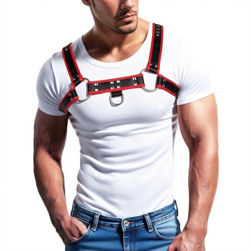 Men's PU Leather Chest Harness – Adjustable Shoulder Belt for Fashion Styling, Red Black Costume Accessory for Punk Party and Cosplay