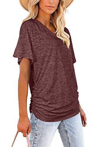 Image of WIHOLL Womens Summer T-Shirts Short Sleeve V Neck Dolman Tops with Side Shirring Loose Fit Shirts Spring Fashion