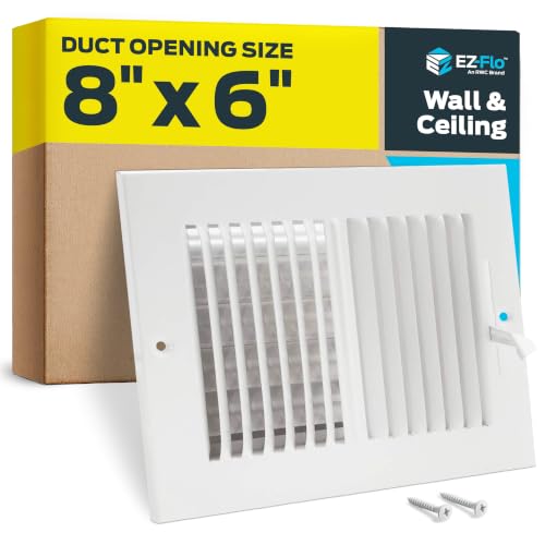 EZ-FLO 8 x 6 Inch (Duct Opening) Air Vent Cover for Wall or Ceiling, Two-Way Ventilation Register, Solid Steel HVAC Register Cover, White, 61661