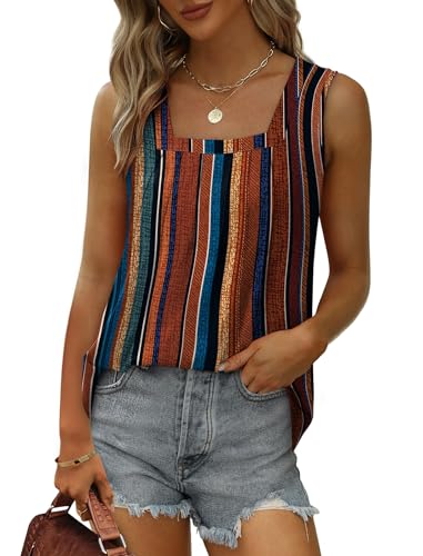 Image of Saloogoe Summer Tank Tops for Women Loose Fit Pleated Square Neck Sleeveless Tops Curved Hem Flowy