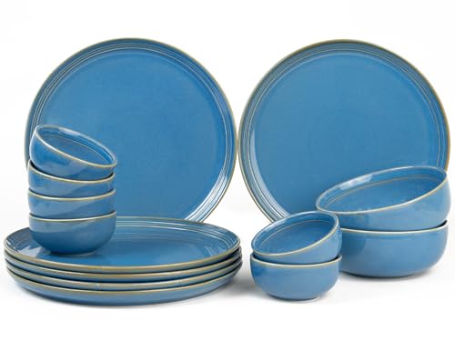 Image of Bodhi House Handcrafted Chip Resistance Porcelain Dinner Set, 14 Pieces Dish Set Serving for 6, Microwave and Dishwasher Safe, Bone-ash Free, Crockery Set for Dining and Gifting, Mid Blue