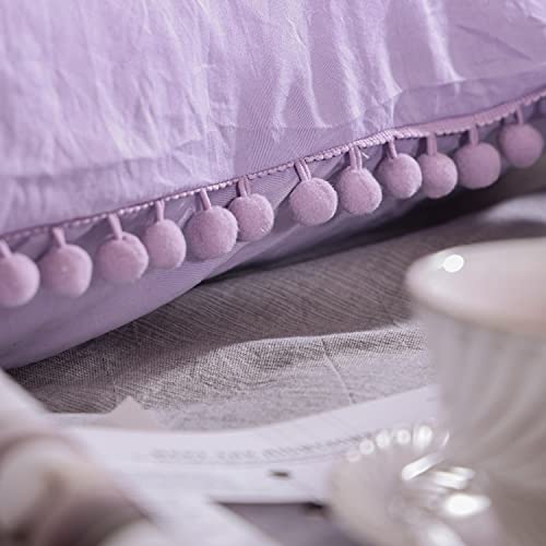 Yirddeo Lavender Purple Queen Ball Pom Fringe Design 3Pcs, Boho Aesthetic Luxurious Full Bedding Set, Vintage Ultra Soft Microfiber Comforter Set (1 Comforter, 2 Pillowcases) #TOP5