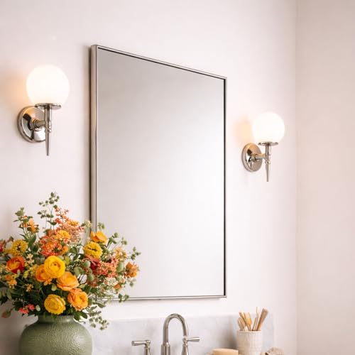 Image of TEHOME Chrome Bathroom Vanity Mirror with Squared Corners, 24x36'' Silver Rectangle Stainless Steel Metal Framed Mirror for Bathroom