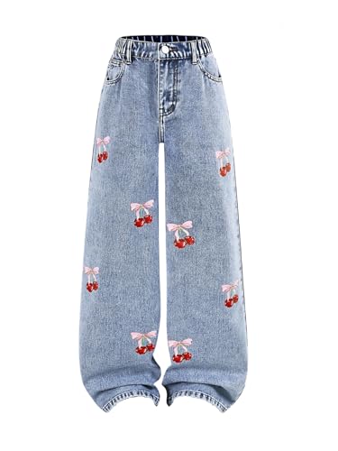 Verdusa Girl's Cute Bow Cherry Baggy Jeans High Waisted Wide Leg Casual Denim Pants