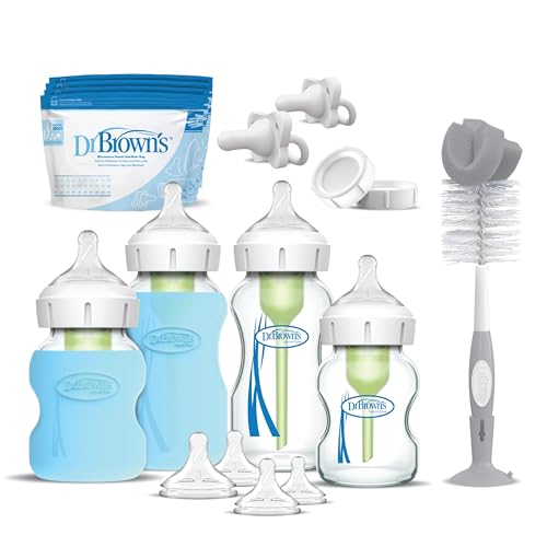 Image of Dr. Brown's Anti-Colic Options+ Wide-Neck Glass Baby Bottle Starter Set - Silicone Bottle Sleeves, Level 1, 2, 3 Nipples, HappyPacis, Storage Caps, Bottle Brush (Packaging May Vary)