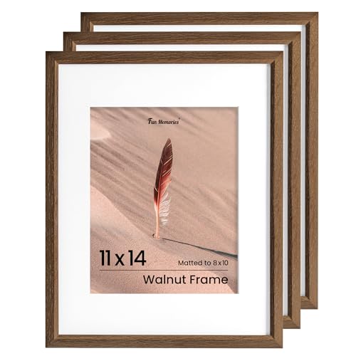 Fun Memories 壁用 11x14インチ オークフォトフレーム 11x14インチ マット仕上げ 8x10インチ ウォールアート 写真やプリント用 ウォールナット 無垢材 ポスターフレーム 3パック