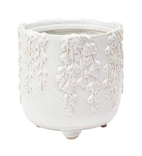 Napco Embossed Leaf Vine Floral 5 x 4.75 x 4.75 inches White Ceramic Flower Succulent Plant Pot Planter Container Holder, Indoor Outdoor Garden Décor