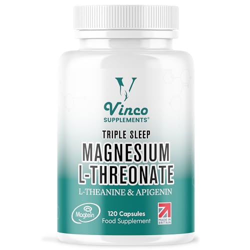 Vinco Triple Magnesium L-Threonate with L-Theanine & Apigenin – 120 Capsules - 3-in-1 Apigenin Threonate Magnesium Supplements for Sleep & Relaxation - Triple Magnesium Complex Made in The UK