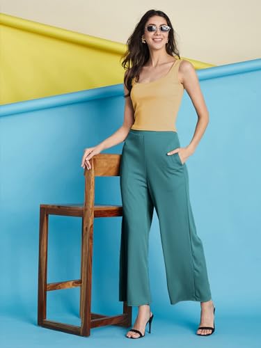 Image of Selvia Women's Solid Ribbed Lycra Elastic Regular Fit Wide-Leg Trouser