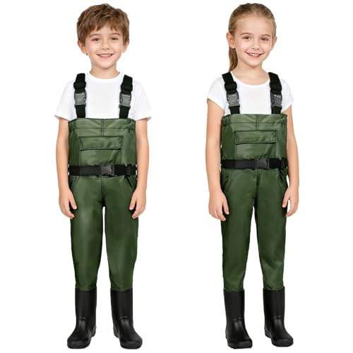 Kids Waders Waterproof PVC All-in-One with Adjustable Straps for 5-12 Years,Non-Slip Boots,Outdoor Play,Fishing,Beach,hunting,Camo Green