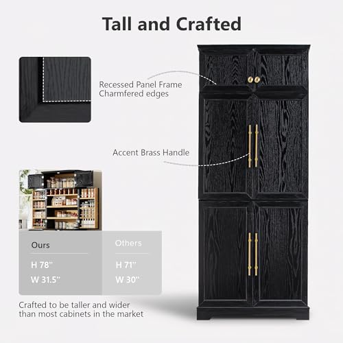Image of Ball & Cast 78″Tall Farmhouse Kitchen Pantry Cabinet with 8 Door Shelves & 1 Large Drawers,Versatile Pantry Storage Cabinet w /4 Adjustable Shelves and 7 Wine Rack for Kitchen,Dining Room,Retro Black