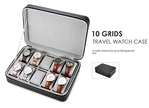Image of House of Quirk 10 Grids PU Leather Travel Watch Storage Case Zipper Wristwatch Box Organizer - Black