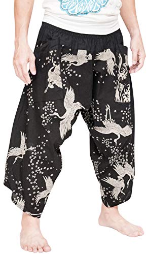 BohoHill Ninja Warrior Samurai Harem Pants Unisex Trousers Japanese Crane Black